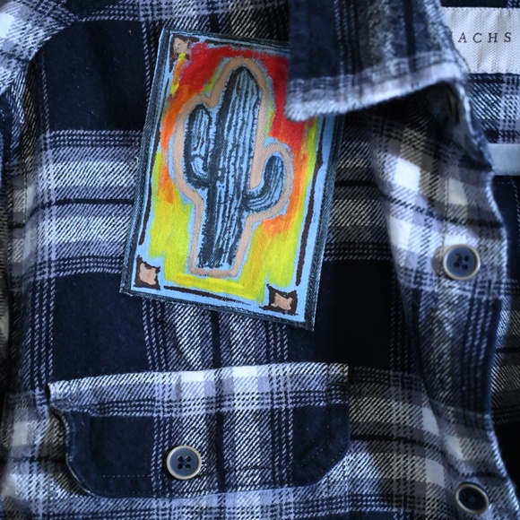 Black & White Flannel – Light Blue Fringes, Western Patches, Oversized Festival - Picture 5 of 7
